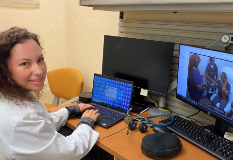 VISN 8 Clinical Resource Hub provider, Dr. Samara Martinez, completing an appointment remotely using Clinical Video Telehealth from her home in Texas.