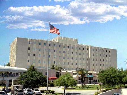 The exterior of the James A. Haley Veterans' Hospital and Clinics main hospital a tertiary care and teaching facility.